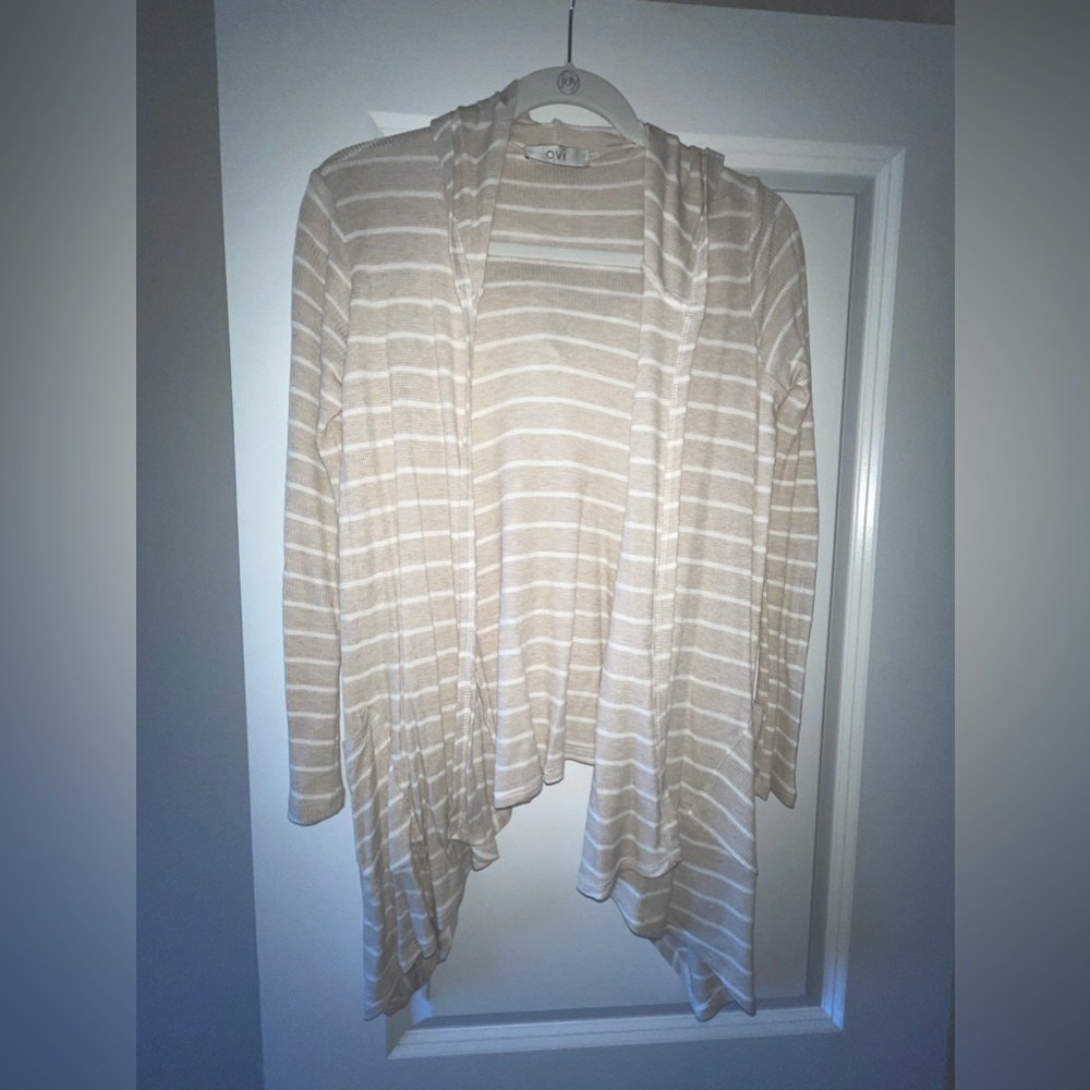 Long Sleeve Tan and White Stripes Hooded Sweater Size Small